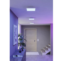 Drie vierkante LED-plafondpanelen in een moderne gang met een houten deur, trap en kamerplant.