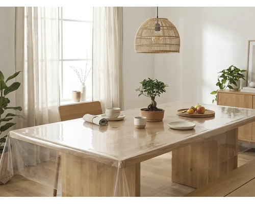 Transparante tafelzeil op een lichte houten tafel in een lichte, georganiseerde eetkamer met een gevlochten lamp en een bonsai.