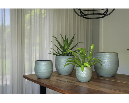 Vier gestructureerde plantenpotten in verschillende maten op een houten tafel in een lichte kamer, versierd met kamerplanten.