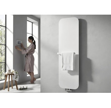 Moderne, verticale designradiator met afgeronde hoeken en geïntegreerde handdoekhouder in een lichte badkamer.