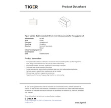 Productinformatieblad voor de Tiger Condo badmeubelset met wastafel, twee laden, technische tekening, Tiger Logo en Coram Logo.