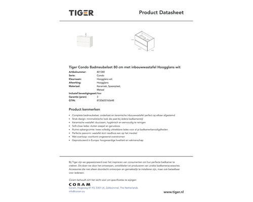 Productinformatieblad voor de Tiger Condo badmeubelset met wastafel, twee laden, technische tekening, Tiger Logo en Coram Logo.