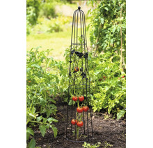 Metalen plantenobelisk voor tomaten met vogelmotieven in een moestuin.