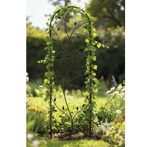 Decoratief metalen plantenrek met vogel- en bladmotieven in een tuin, begroeid met klimplanten tussen bloemen.