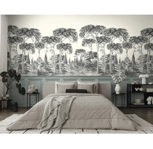 Fotobehang met boslandschap en pijnbomen in schetsstijl in een modern ingerichte slaapkamer met wandpanelen.