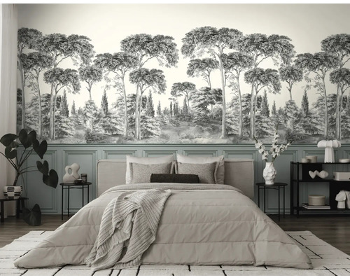 Fotobehang met boslandschap en pijnbomen in schetsstijl in een modern ingerichte slaapkamer met wandpanelen.