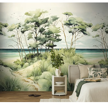 Slaapkamer met een groot fotobehang in aquarelstijl met een kustlandschap met duinen, bomen en de zee.