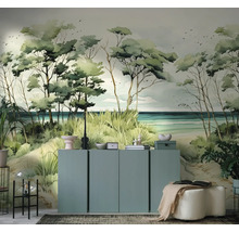 Fotobehang met een kustlandschap, duinen, gras en bomen in aquarelstijl in een modern ingerichte kamer.