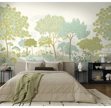 Moderne slaapkamer met een groot fotobehang dat een gestileerd bos- en merenlandschap toont.