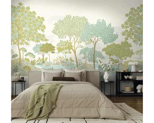 Moderne slaapkamer met een groot fotobehang dat een gestileerd bos- en merenlandschap toont.