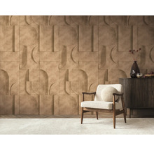 3D-wandpanelen met geometrisch reliëfpatroon in een modern ingerichte woonkamer met fauteuil en dressoir.