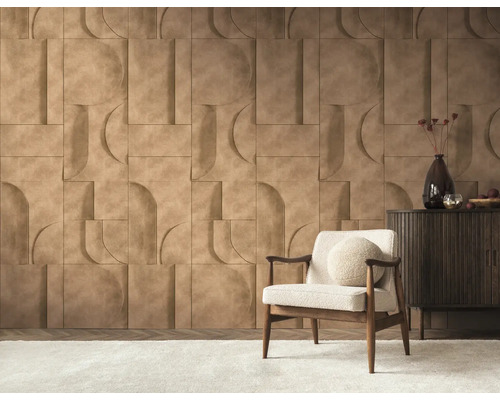 3D-wandpanelen met geometrisch reliëfpatroon in een modern ingerichte woonkamer met fauteuil en dressoir.