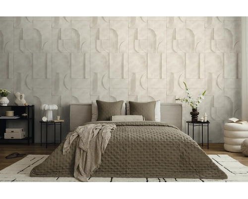 Moderne slaapkamer met 3D-structuurbehang, geometrisch patroon met bogen en rechthoeken in neutrale tinten.