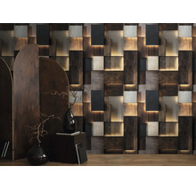 Moderne 3D-wandpanelen met hout- en betonlook en geïntegreerde ledverlichting in een sfeervol interieur.