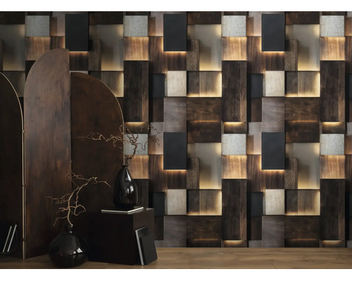 Moderne 3D-wandpanelen met hout- en betonlook en geïntegreerde ledverlichting in een sfeervol interieur.