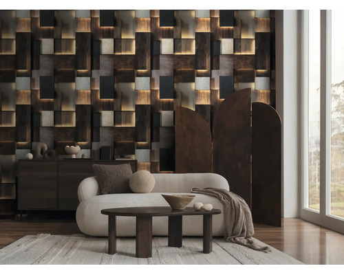 Vliesbehang met 3D-optiek in hout- en steendesign met lichtaccenten in moderne woonkamer met lichte bank en houten meubels.