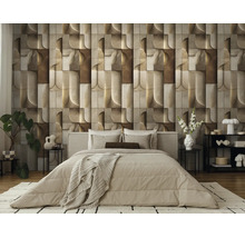 Vliesbehang met geometrisch 3D-patroon en architecturale vormen in een modern ingerichte slaapkamer.