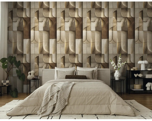 Vliesbehang met geometrisch 3D-patroon en architecturale vormen in een modern ingerichte slaapkamer.
