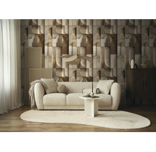 Moderne wanddecoratie met vliesbehang in 3D-look, geometrisch patroon, lichte woonkamer met bouclé-bank, bijzettafel en rond tapijt.