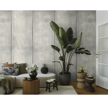 Fotobehang met betonlook in een woonkamer met een witte bank en een grote kamerplant.