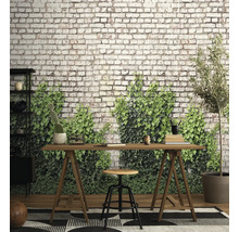 Fotobehang met bakstenen muur en klimop in een werkkamer met houten bureau en rek.