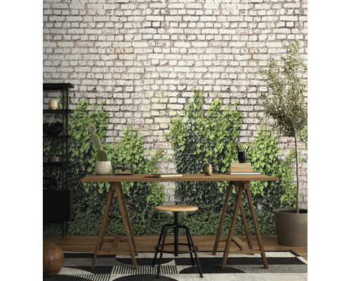 Fotobehang met bakstenen muur en klimop in een werkkamer met houten bureau en rek.