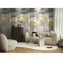 Moderne woonkamer met bos fotobehang, een licht getextureerde bank, een donker dressoir en een minimalistische witte salontafel.