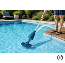 Persoon reinigt een zwembad met een handmatige zwembadstofzuiger op een houten terras in de tuin. (Image AI modified or generated)