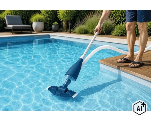 Persoon reinigt een zwembad met een handmatige zwembadstofzuiger op een houten terras in de tuin. (Image AI modified or generated)
