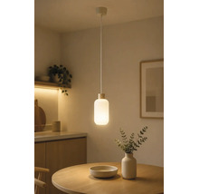 Moderne hanglamp met cilindrische glazen kap boven een ronde houten tafel in een minimalistisch ingerichte kamer.