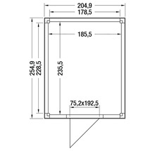 Plattegrond met afmetingen voor een tuinhuisje. Buitenmaten 204,9 bij 254,9, binnenmaten 178,5 bij 228,5. Deur 75,2 bij 192,5 centimeter.