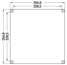 Technische tekening met buitenmaten van 254,9 en binnenmaten van 228,5.