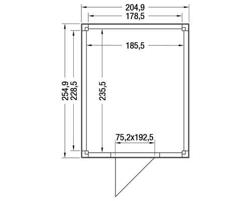 Plattegrond met afmetingen voor een tuinhuisje. Buitenmaten 204,9 bij 254,9, binnenmaten 178,5 bij 228,5. Deur 75,2 bij 192,5 centimeter.
