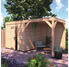 Modern houten tuinhuis met plat dak, een afsluitbare deur en een geïntegreerd overdekt terras.