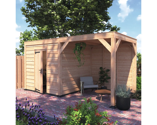 Modern houten tuinhuis met plat dak, een afsluitbare deur en een geïntegreerd overdekt terras.