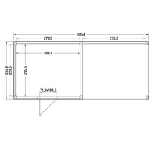Technische tekening van een tuinhuis met twee ruimtes en de afmetingen 595,4 bij 254,9 centimeter.