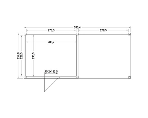 Technische tekening van een tuinhuis met twee ruimtes en de afmetingen 595,4 bij 254,9 centimeter.