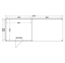 Technische plattegrond van een tuinhuis met gesloten ruimte en open aanbouw, totale lengte 645,4 centimeter.