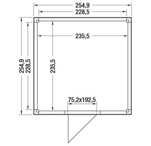 Plattegrond van een tuinhuis met buitenmaten van 254,9 bij 254,9 centimeter en een deuropening van 75,2 bij 192,5 centimeter.