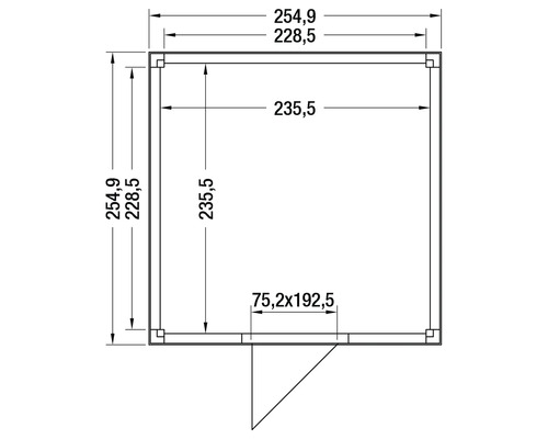 Plattegrond van een tuinhuis met buitenmaten van 254,9 bij 254,9 centimeter en een deuropening van 75,2 bij 192,5 centimeter.