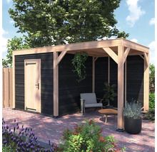 Houten tuinhuis met lessenaarsdak, zwarte gevel en aangebouwde overkapping. Inclusief naturel houten deur en geïntegreerde zithoek.