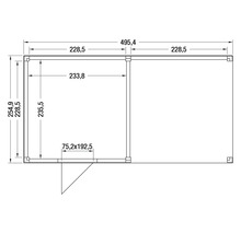 Plattegrondtekening van een tuinhuis met afmetingen 495,4 bij 254,9 centimeter en een deur.