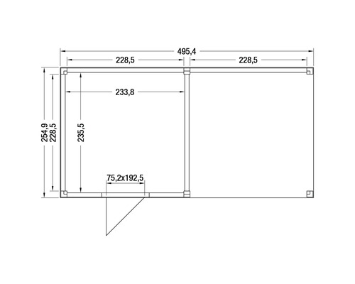 Plattegrondtekening van een tuinhuis met afmetingen 495,4 bij 254,9 centimeter en een deur.