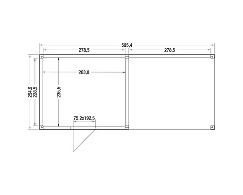 Plattegrond van een tuinhuis met aanbouw, buitenafmetingen circa 595,4 bij 254,9 centimeter, deuropening 75,2 bij 192,5 centimeter.