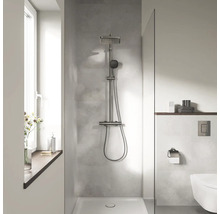 Moderne badkamer met douchesysteem inclusief hoofddouche en handdouche in een inloopdouche met betonlook wand en glazen douchewand.