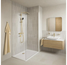 Moderne badkamer met inloopdouche, douchesysteem in messinglook, houten wastafelmeubel met opbouwkom en spiegel.