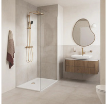 Moderne badkamer met inloopdouche, gouden douchekraan, houten wastafelmeubel en asymmetrische spiegel.
