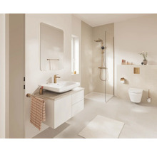 Lichte, moderne badkamer met wit wastafelmeubel, opbouwwastafel, gouden kraan, inloopdouche met glaswand en hangend toilet.