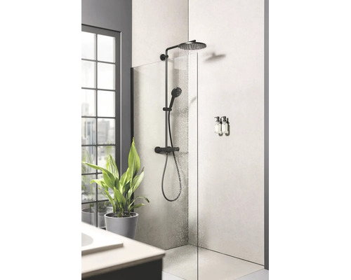 Moderne badkamer met inloopdouche, zwart douchesysteem met regendouche en handdouche, glazen douchewand en een groene plant.