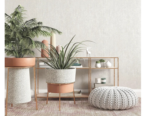 Woonkamer met twee kamerplanten in moderne plantenbakken met metalen onderstel en een rond vloerkussen voor een wandrek.